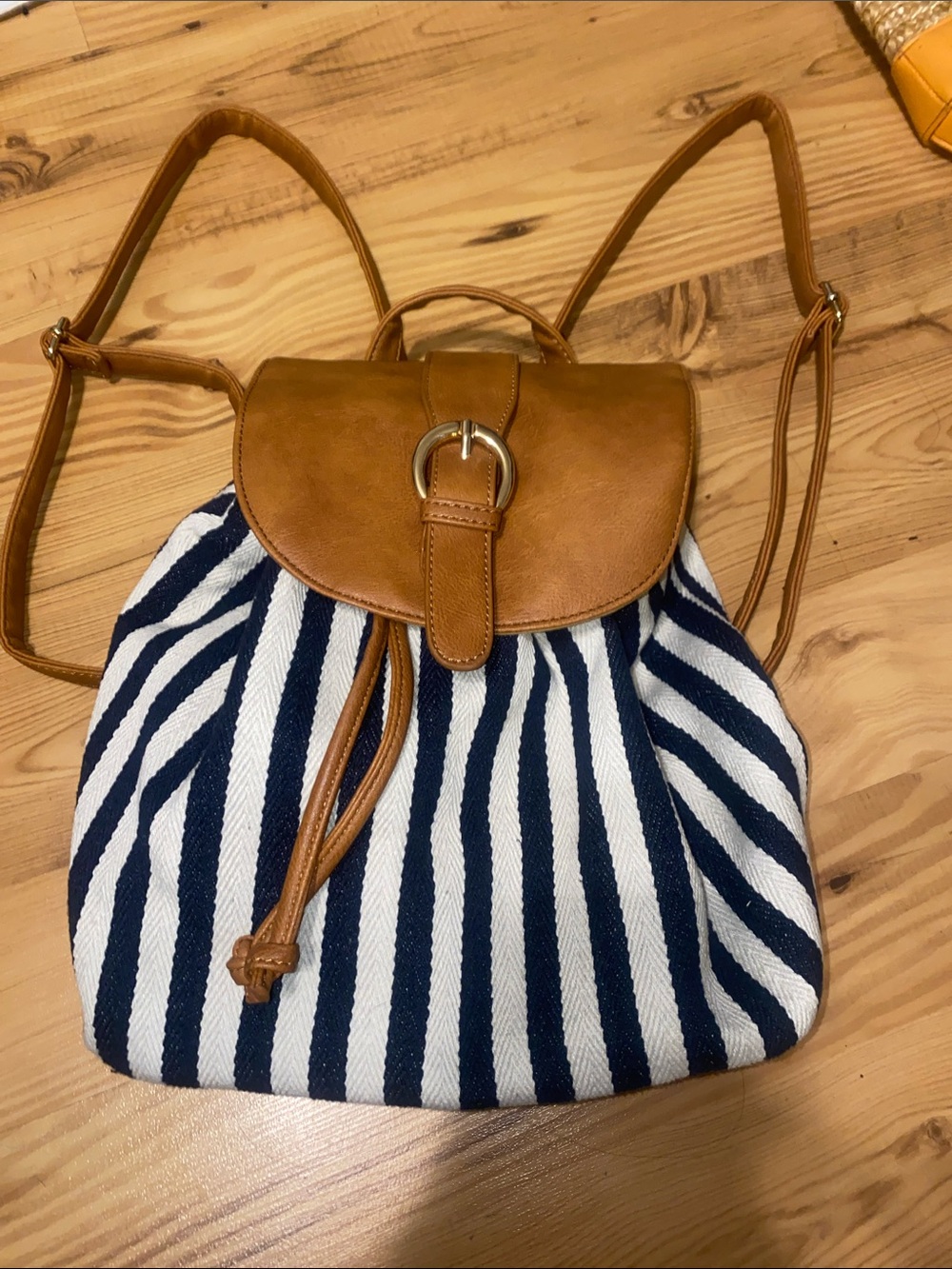 Striped Navy and White Canvas  Mini Backpack with Tan  faux Leather Trim